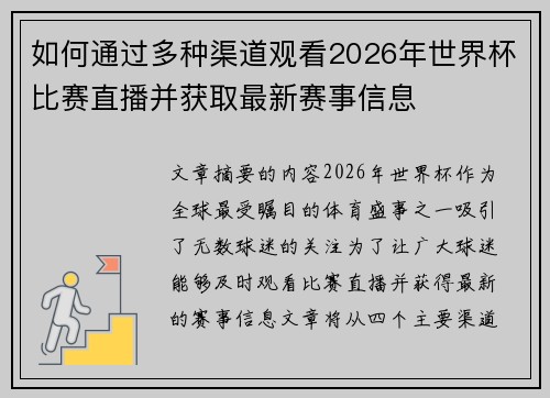 如何通过多种渠道观看2026年世界杯比赛直播并获取最新赛事信息 如何通过多种渠道观看2026年世界杯比赛直播并获取最新赛事信息