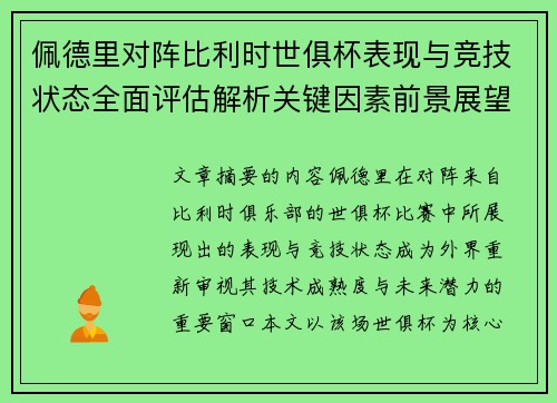 佩德里对阵比利时世俱杯表现与竞技状态全面评估解析关键因素前景展望